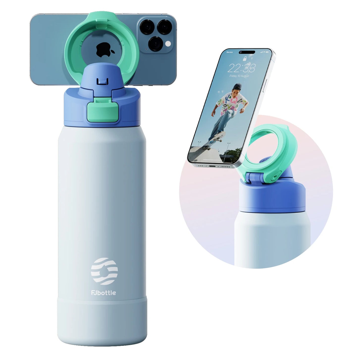 Botella de agua magnetica con tripode para movil y térmica