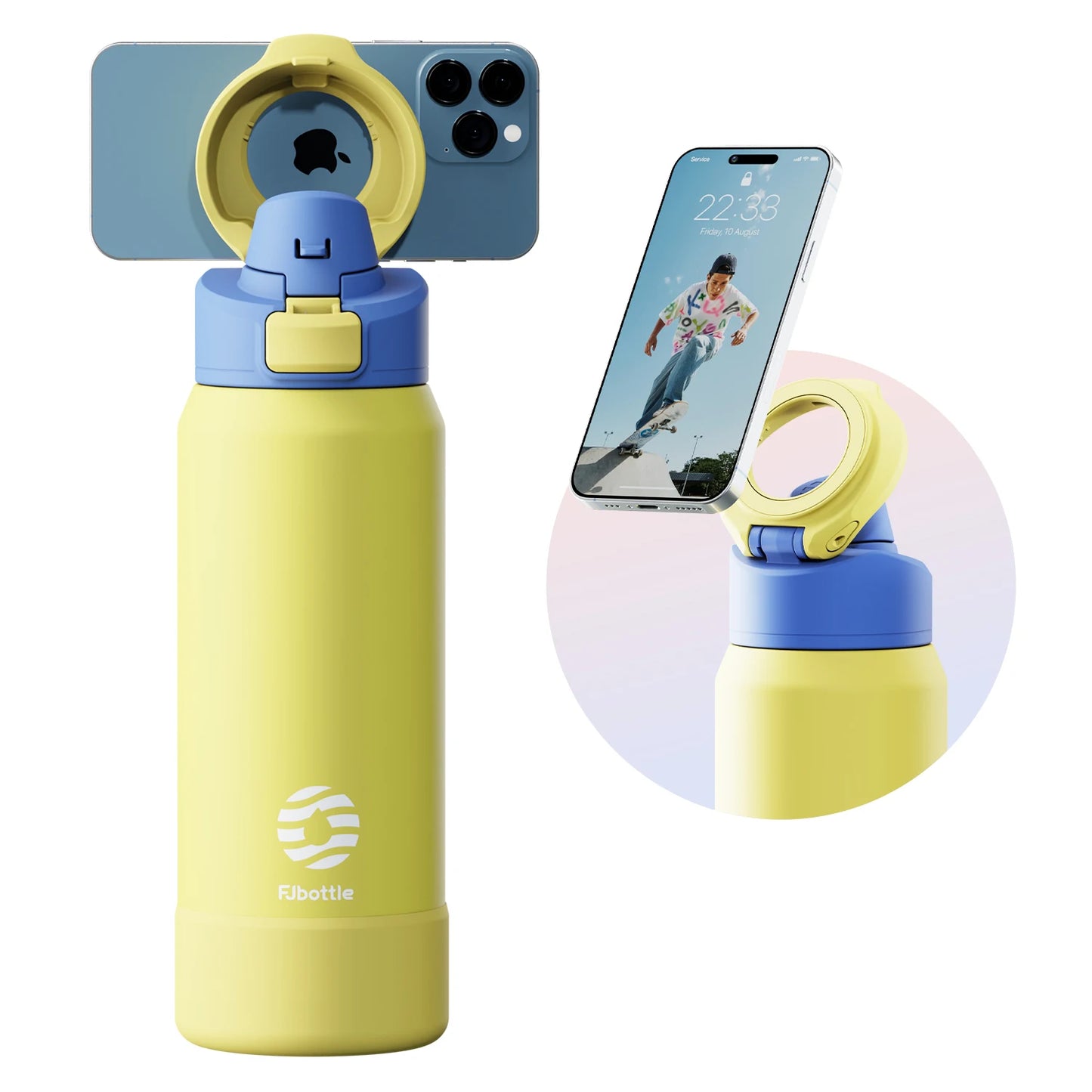Botella de agua magnetica con tripode para movil y térmica