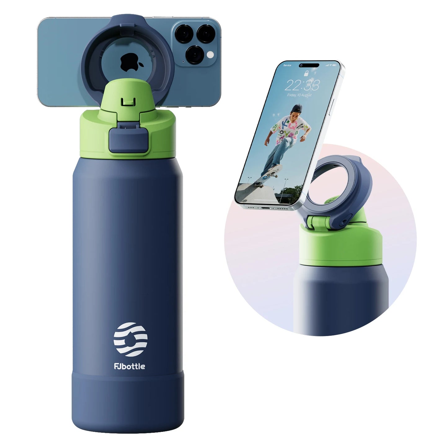 Botella de agua magnetica con tripode para movil y térmica