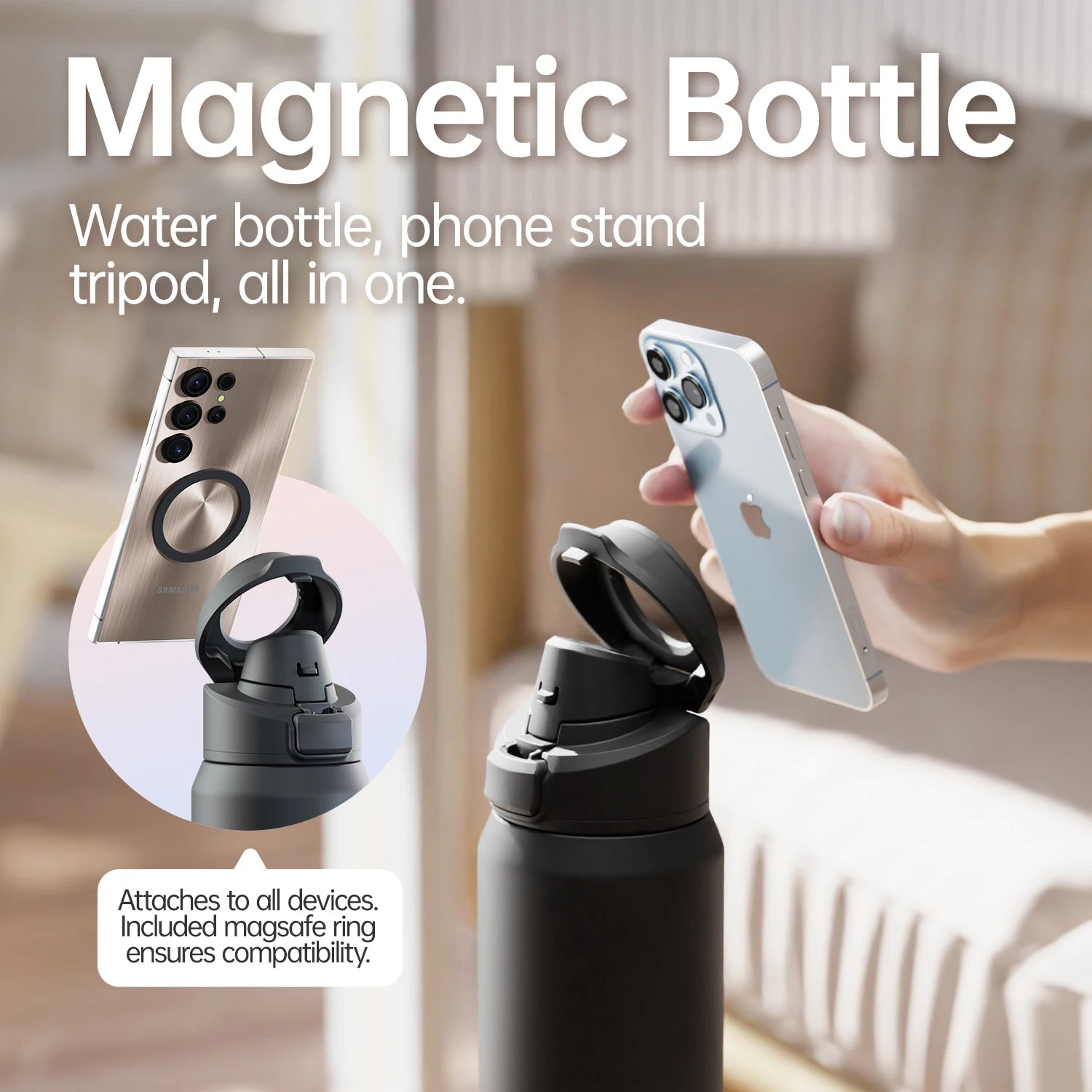 Botella de agua magnetica con tripode para movil y térmica
