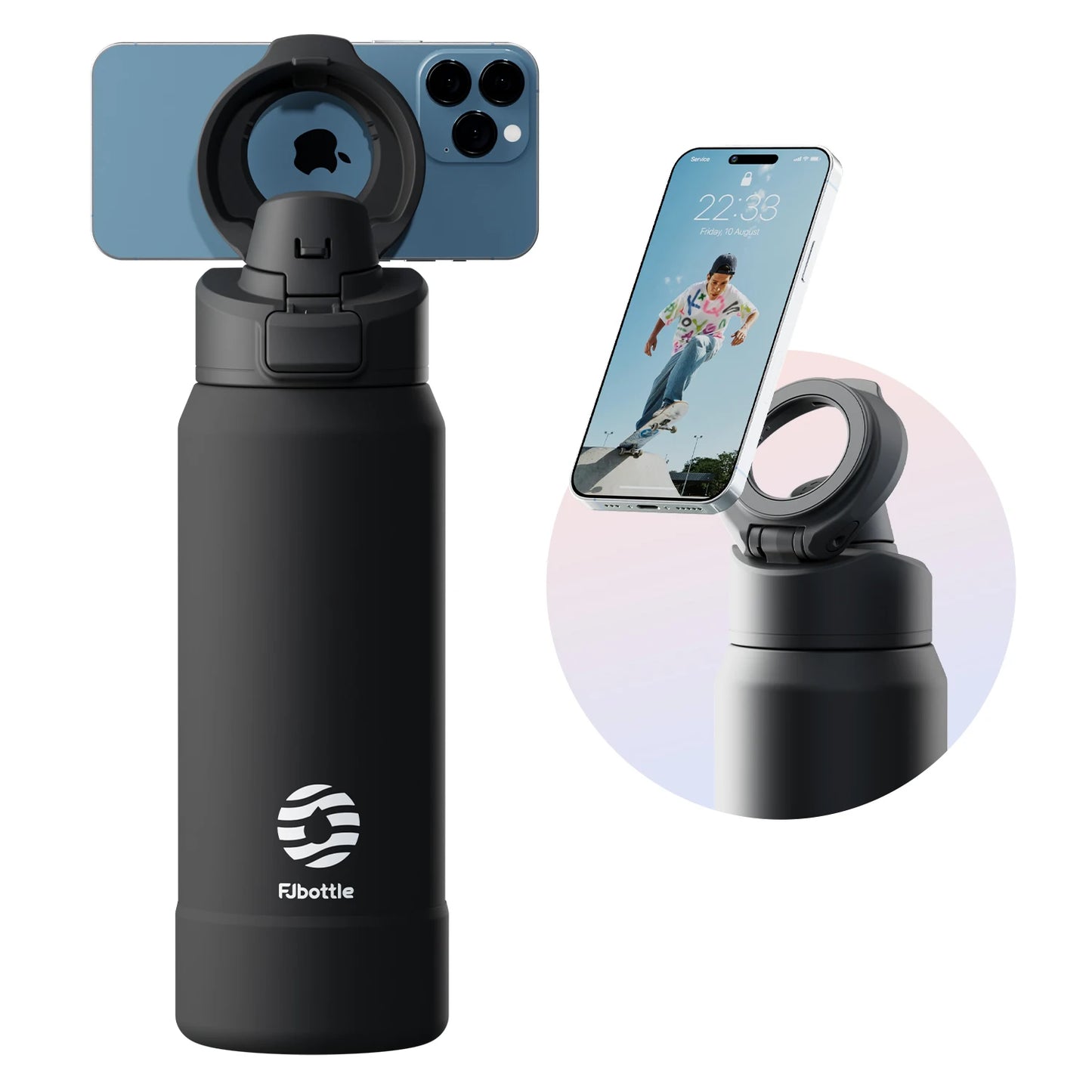 Botella de agua magnetica con tripode para movil y térmica