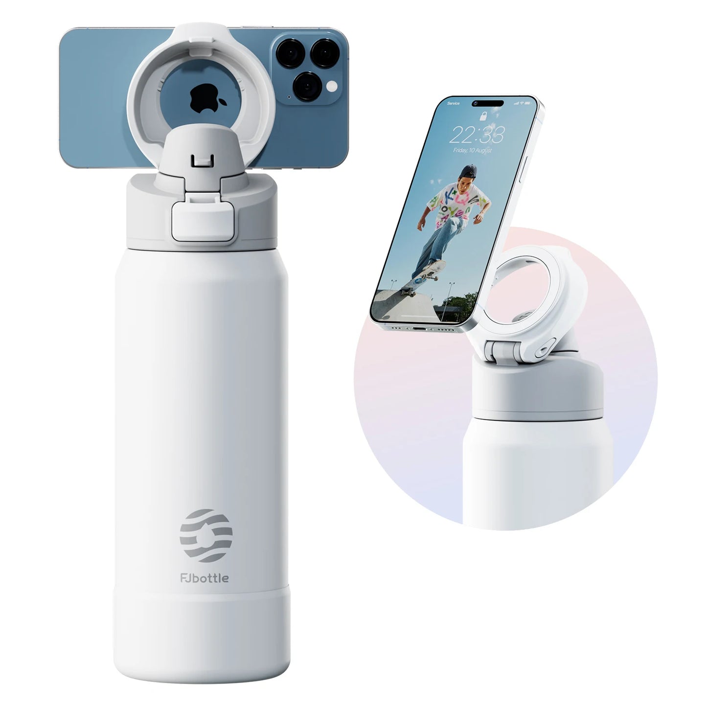Botella de agua magnetica con tripode para movil y térmica